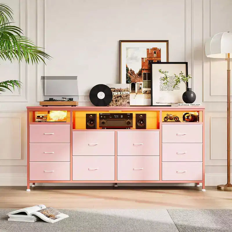 Meuble TV avec 10 tiroirs en tissu pour TV 65 70 75 pouces, meuble TV console 160 cm de large avec lumières LED et étagères de rangement ouvertes