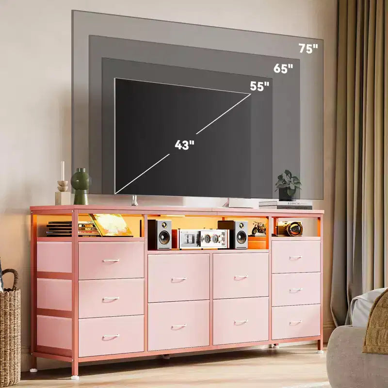 Meuble TV avec 10 tiroirs en tissu pour TV 65 70 75 pouces, meuble TV console 160 cm de large avec lumières LED et étagères de rangement ouvertes