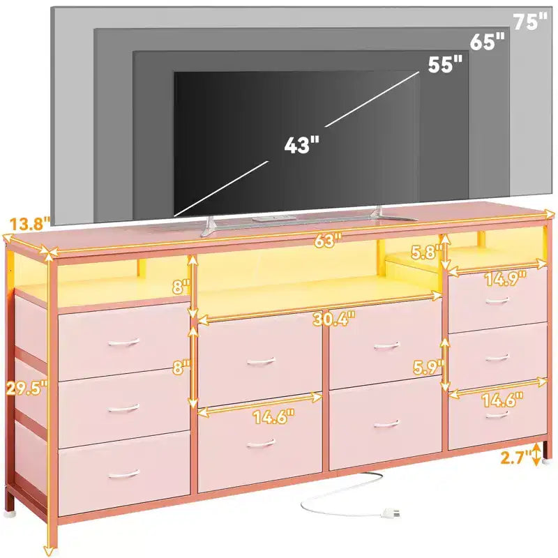 Meuble TV avec 10 tiroirs en tissu pour TV 65 70 75 pouces, meuble TV console 160 cm de large avec lumières LED et étagères de rangement ouvertes