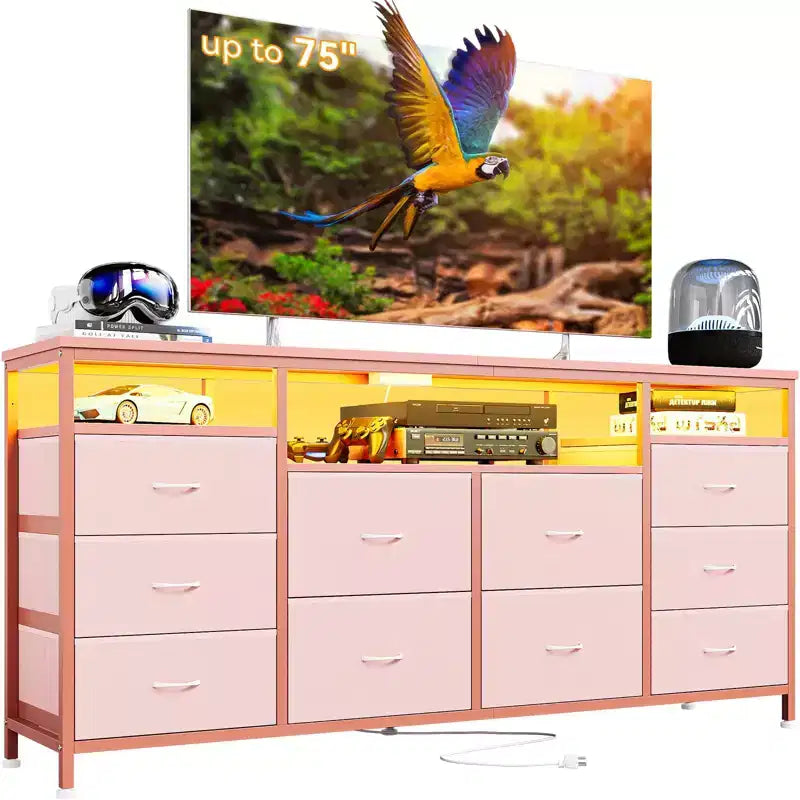 Meuble TV avec 10 tiroirs en tissu pour TV 65 70 75 pouces, meuble TV console 160 cm de large avec lumières LED et étagères de rangement ouvertes