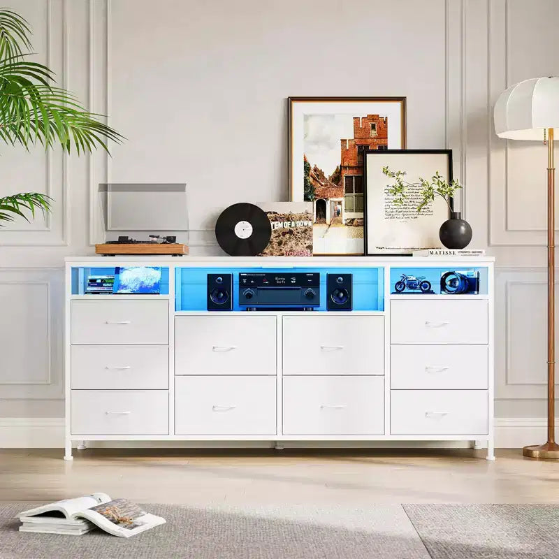 Meuble TV avec 10 tiroirs en tissu pour TV 65 70 75 pouces, meuble TV console 160 cm de large avec lumières LED et étagères de rangement ouvertes