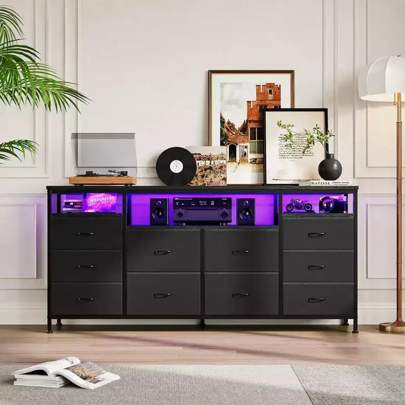 Meuble TV avec 10 tiroirs en tissu pour TV 65 70 75 pouces, meuble TV console 160 cm de large avec lumières LED et étagères de rangement ouvertes