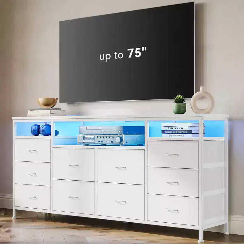 Meuble TV avec 10 tiroirs en tissu pour TV 65 70 75 pouces, meuble TV console 160 cm de large avec lumières LED et étagères de rangement ouvertes