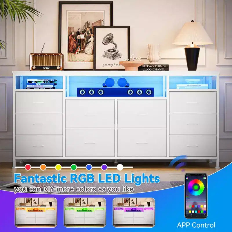 Meuble TV avec 10 tiroirs en tissu pour TV 65 70 75 pouces, meuble TV console 160 cm de large avec lumières LED et étagères de rangement ouvertes