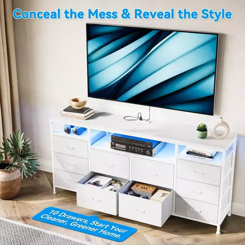Meuble TV avec 10 tiroirs en tissu pour TV 65 70 75 pouces, meuble TV console 160 cm de large avec lumières LED et étagères de rangement ouvertes