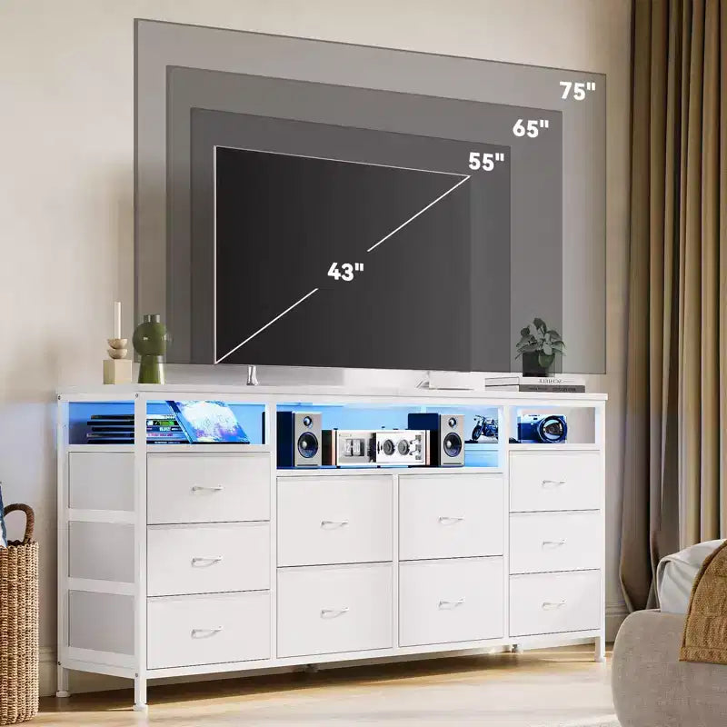 Meuble TV avec 10 tiroirs en tissu pour TV 65 70 75 pouces, meuble TV console 160 cm de large avec lumières LED et étagères de rangement ouvertes