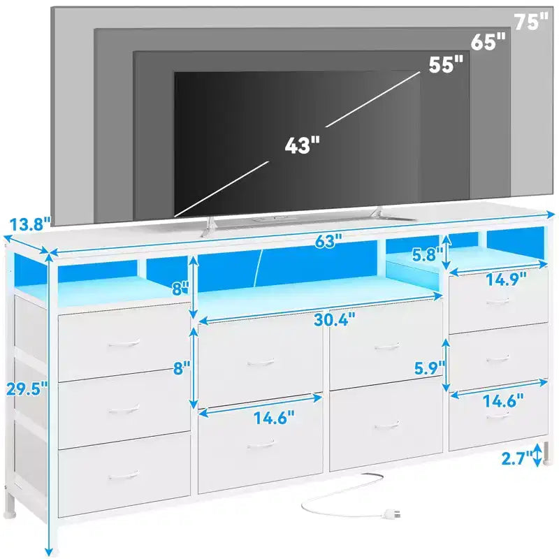 Meuble TV avec 10 tiroirs en tissu pour TV 65 70 75 pouces, meuble TV console 160 cm de large avec lumières LED et étagères de rangement ouvertes
