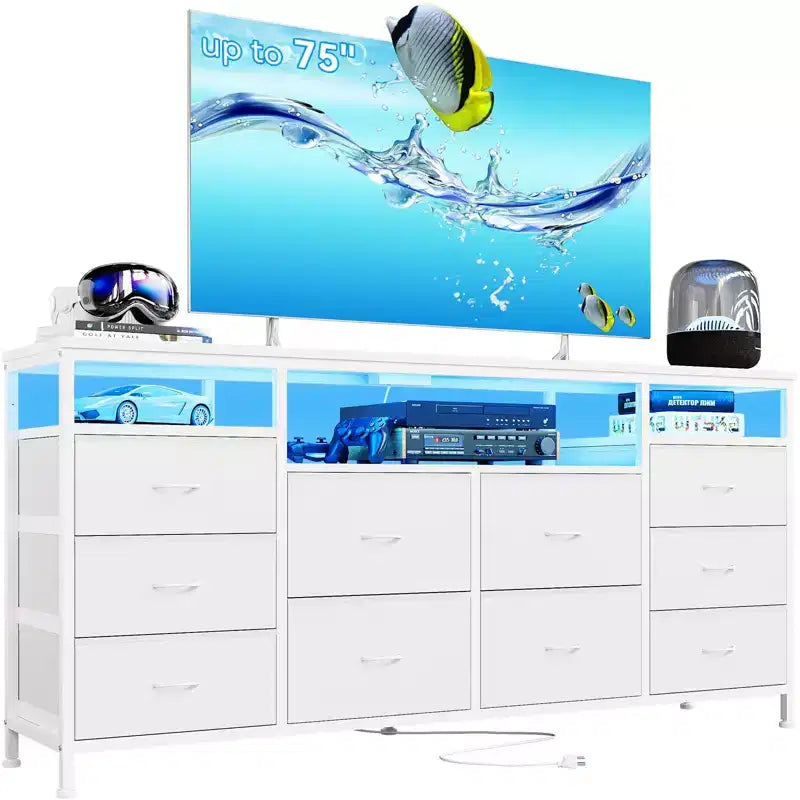 Meuble TV avec 10 tiroirs en tissu pour TV 65 70 75 pouces, meuble TV console 160 cm de large avec lumières LED et étagères de rangement ouvertes