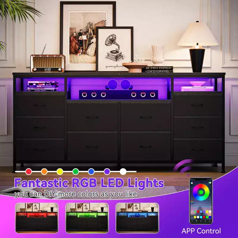 Meuble TV avec 10 tiroirs en tissu pour TV 65 70 75 pouces, meuble TV console 160 cm de large avec lumières LED et étagères de rangement ouvertes