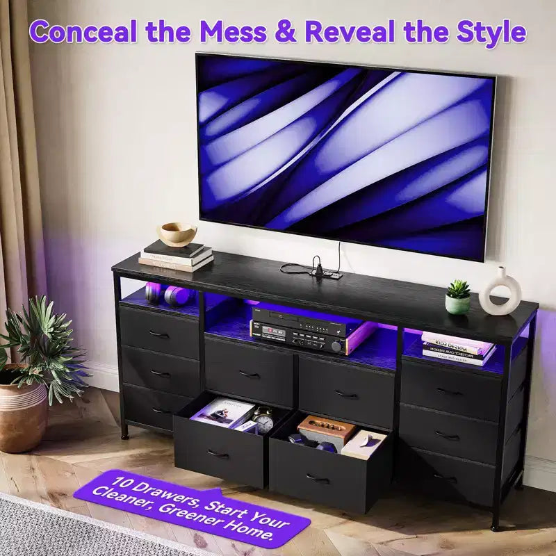 Meuble TV avec 10 tiroirs en tissu pour TV 65 70 75 pouces, meuble TV console 160 cm de large avec lumières LED et étagères de rangement ouvertes