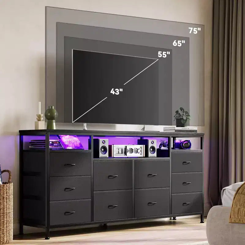 Meuble TV avec 10 tiroirs en tissu pour TV 65 70 75 pouces, meuble TV console 160 cm de large avec lumières LED et étagères de rangement ouvertes