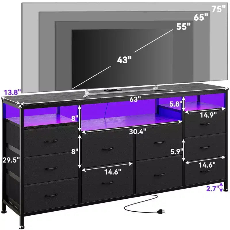 Meuble TV avec 10 tiroirs en tissu pour TV 65 70 75 pouces, meuble TV console 160 cm de large avec lumières LED et étagères de rangement ouvertes