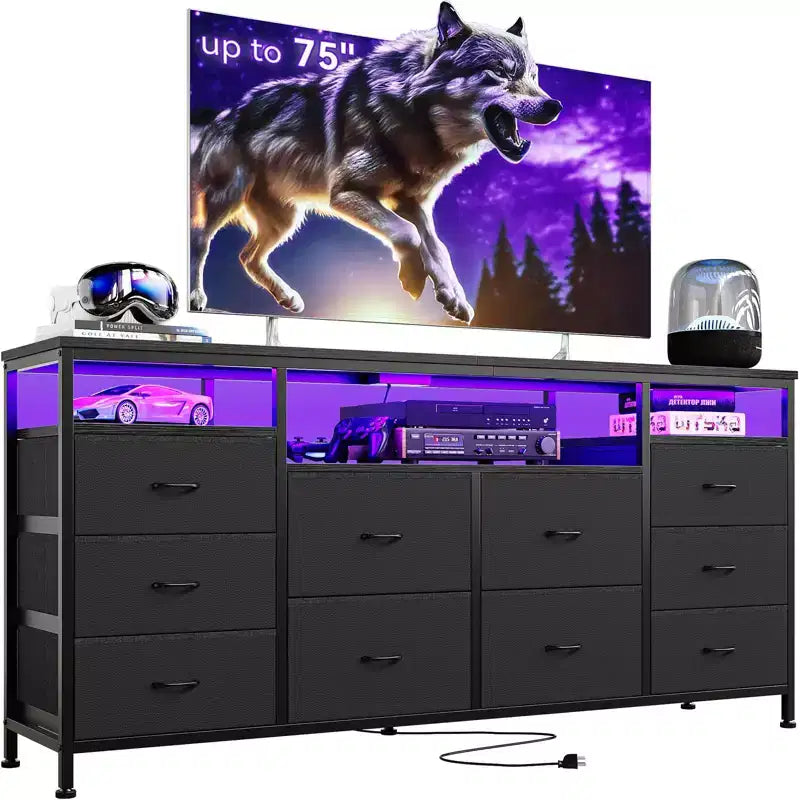 Meuble TV avec 10 tiroirs en tissu pour TV 65 70 75 pouces, meuble TV console 160 cm de large avec lumières LED et étagères de rangement ouvertes