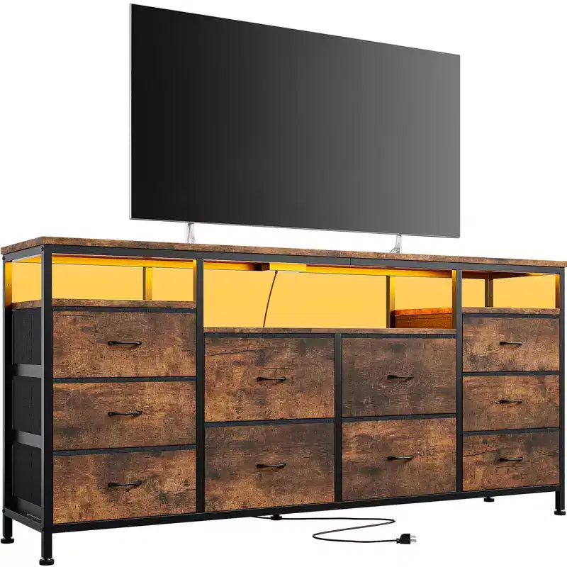 Meuble TV avec 10 tiroirs en tissu pour TV 65 70 75 pouces, meuble TV console 160 cm de large avec lumières LED et étagères de rangement ouvertes