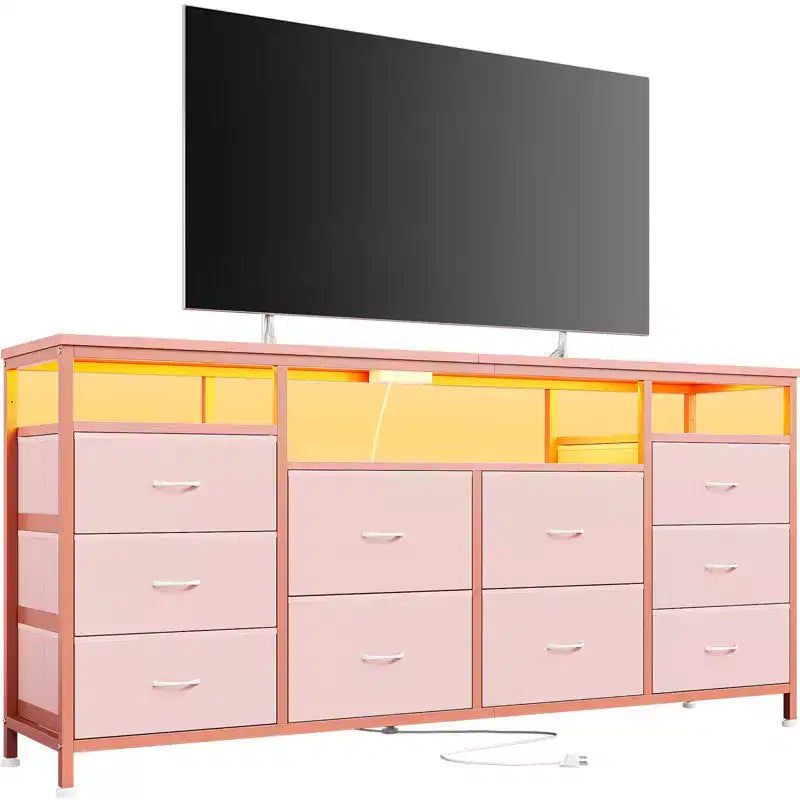 Meuble TV avec 10 tiroirs en tissu pour TV 65 70 75 pouces, meuble TV console 160 cm de large avec lumières LED et étagères de rangement ouvertes