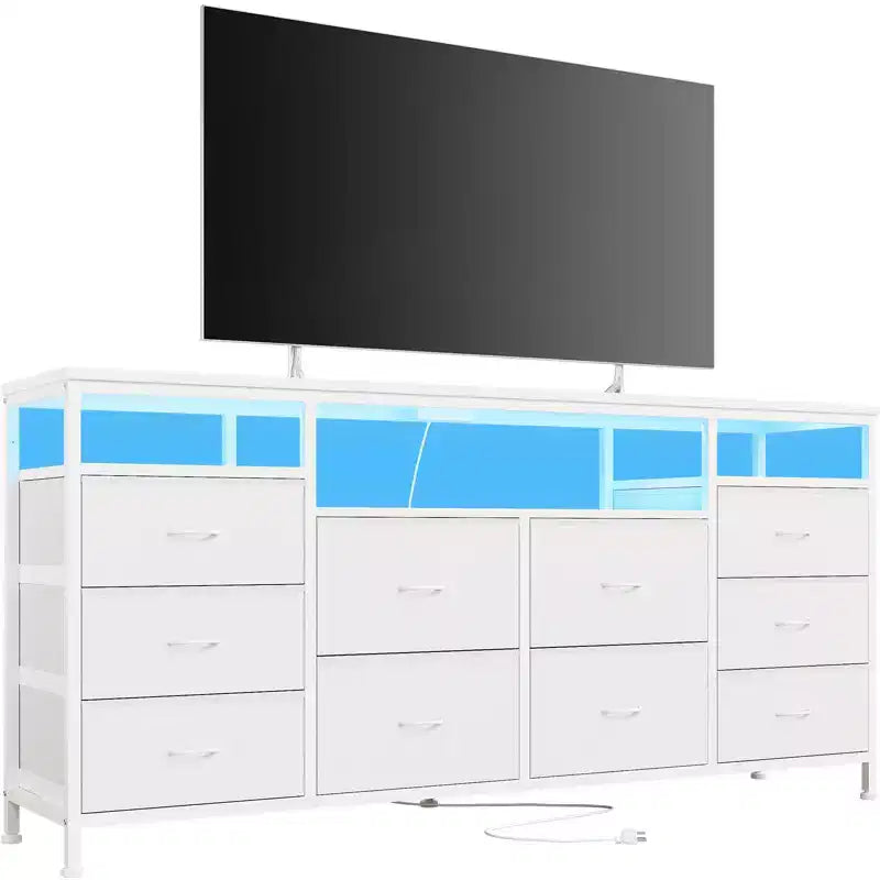 Meuble TV avec 10 tiroirs en tissu pour TV 65 70 75 pouces, meuble TV console 160 cm de large avec lumières LED et étagères de rangement ouvertes