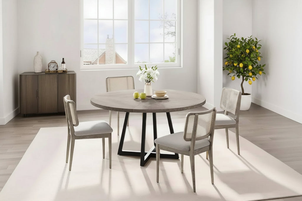 Table à manger ronde de 120 cm pour 4 personnes, table de salle à manger industrielle avec plateau en bois et base en métal pour salle à manger ou salon, gris (SANS chaises)