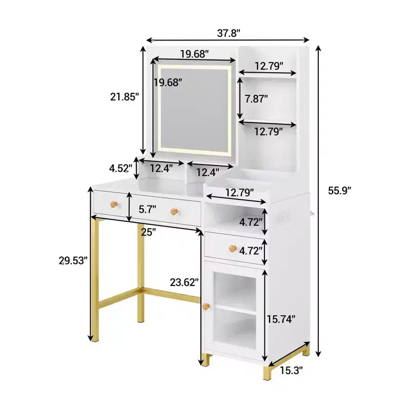Coiffeuse avec miroir lumineux, grande table de maquillage avec prise de courant, 2 tiroirs, 1 placard et étagères de rangement ouvertes pour chambre à coucher