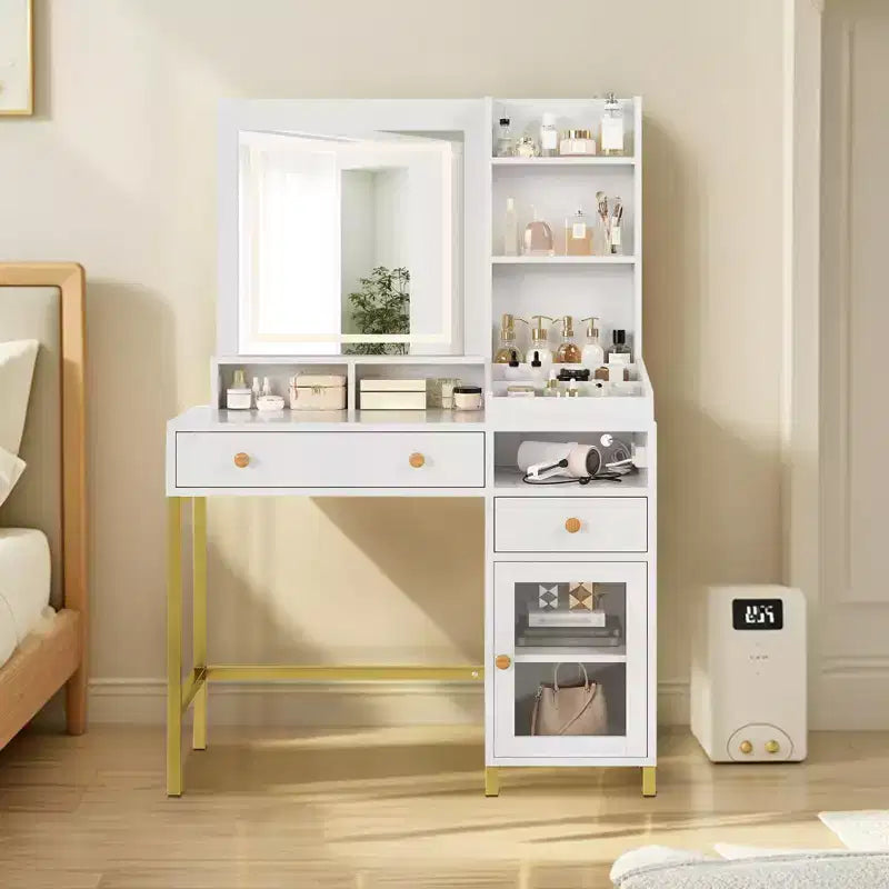Coiffeuse avec miroir lumineux, grande table de maquillage avec prise de courant, 2 tiroirs, 1 placard et étagères de rangement ouvertes pour chambre à coucher