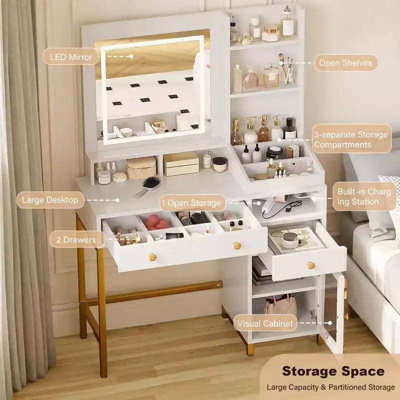 Coiffeuse avec miroir lumineux, grande table de maquillage avec prise de courant, 2 tiroirs, 1 placard et étagères de rangement ouvertes pour chambre à coucher