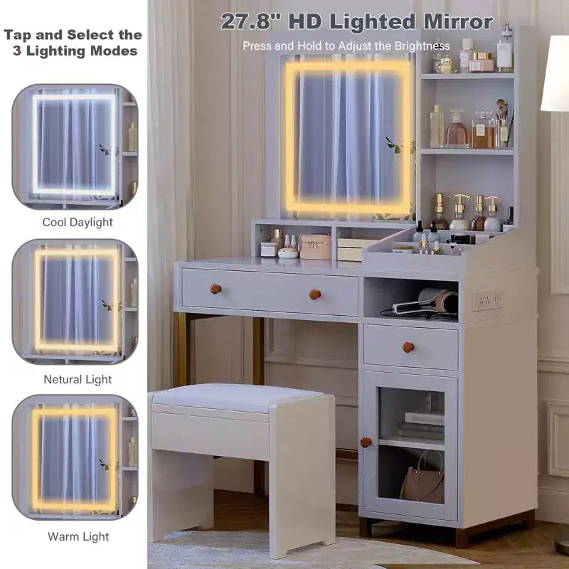 Coiffeuse avec miroir lumineux, grande table de maquillage avec prise de courant, 2 tiroirs, 1 placard et étagères de rangement ouvertes pour chambre à coucher