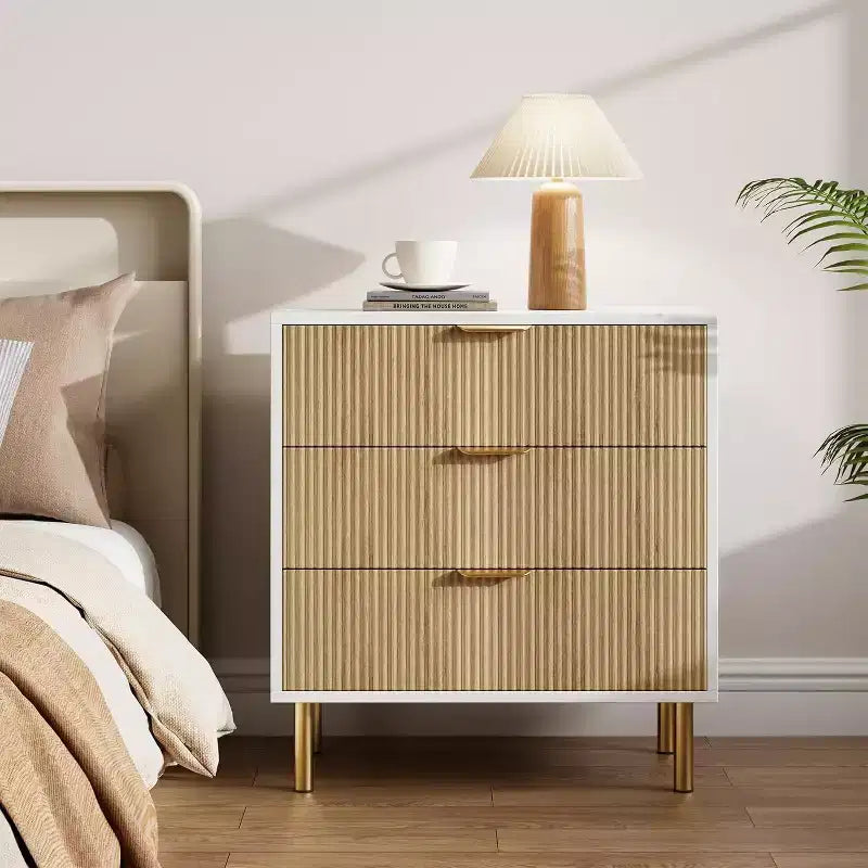 Commode Naturelle à 3 Tiroirs pour Chambre à Coucher, Grande Table de Chevet Commode, Organiseur Moderne en Bois avec Poignées Métalliques et Dispositif Anti-Basculement
