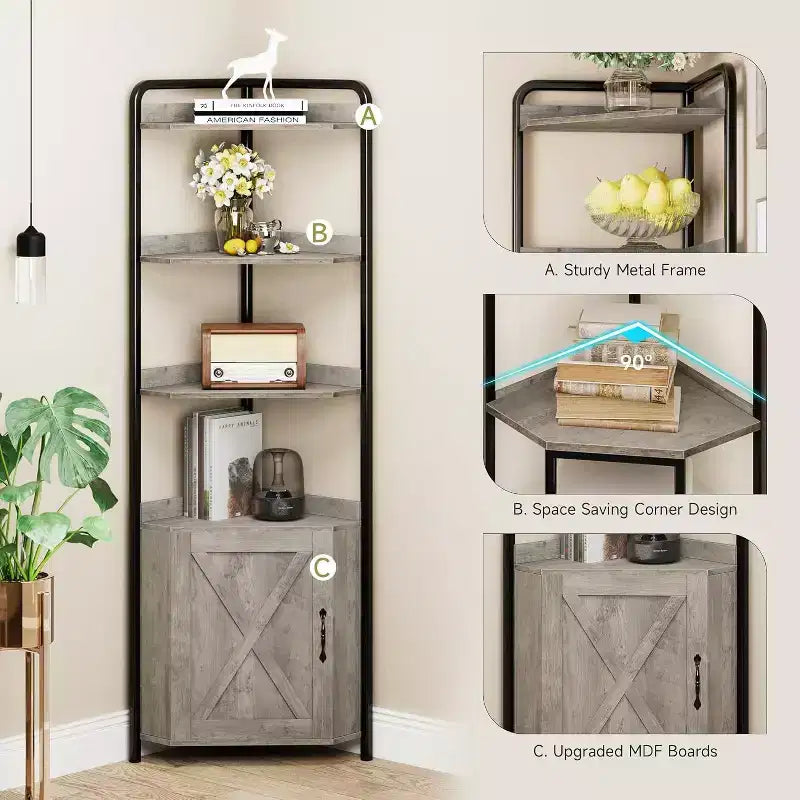 Bibliothèque d'angle haute de 70,9 po, étagère triangulaire avec étagères réglables, rangement caché et support pour plantes pour chambre à coucher, salon, bureau