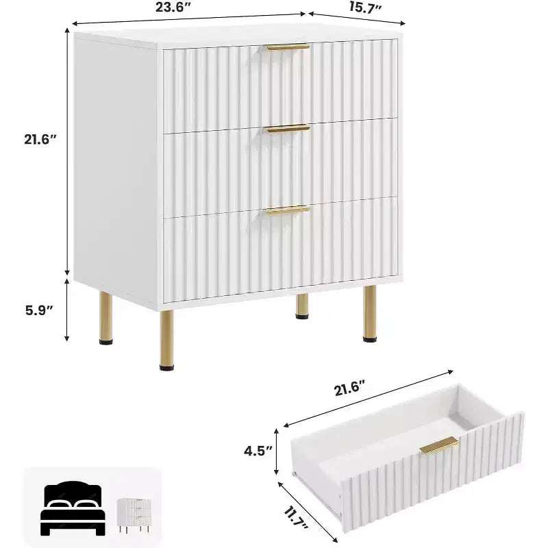 Commode à 3 tiroirs, table de chevet moderne cannelée avec tiroirs profonds, pieds dorés, organisateur de table d'appoint pour chambre, salon, couloir