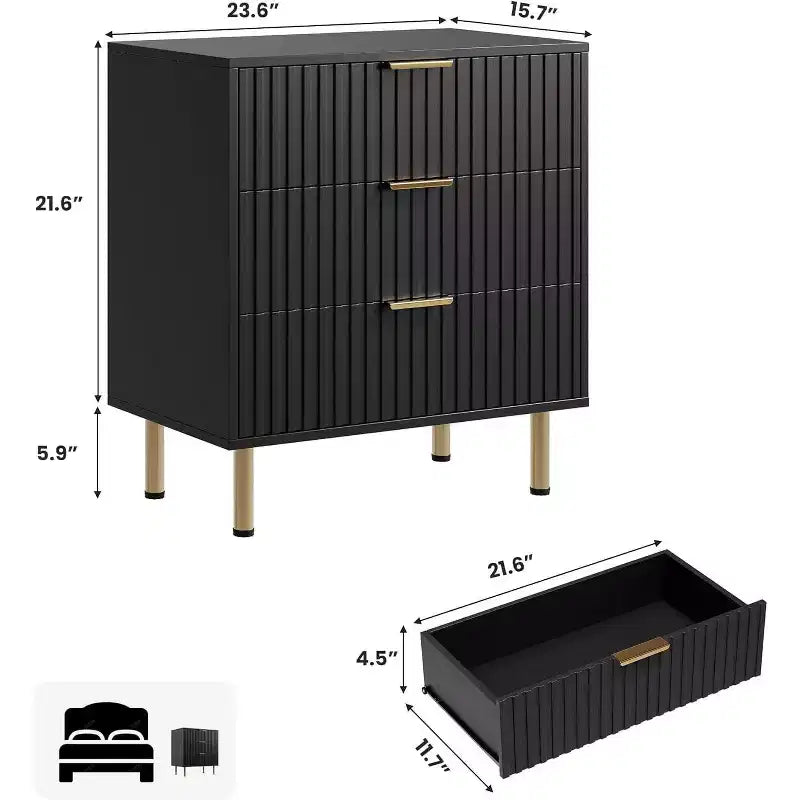 Commode à 3 tiroirs, table de chevet moderne cannelée avec tiroirs profonds, pieds dorés, organisateur de table d'appoint pour chambre, salon, couloir