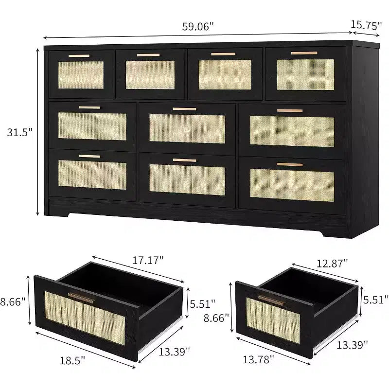 Commode en rotin à 10 tiroirs, commode de ferme moderne de 150 cm de large, organiseur de rangement avec dispositif anti-basculement pour chambre à coucher, salon, entrée, couloir