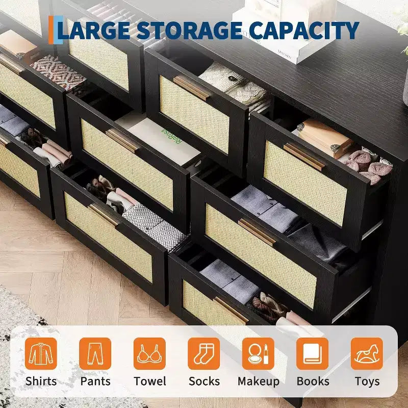 Commode en rotin à 10 tiroirs, commode de ferme moderne de 150 cm de large, organiseur de rangement avec dispositif anti-basculement pour chambre à coucher, salon, entrée, couloir