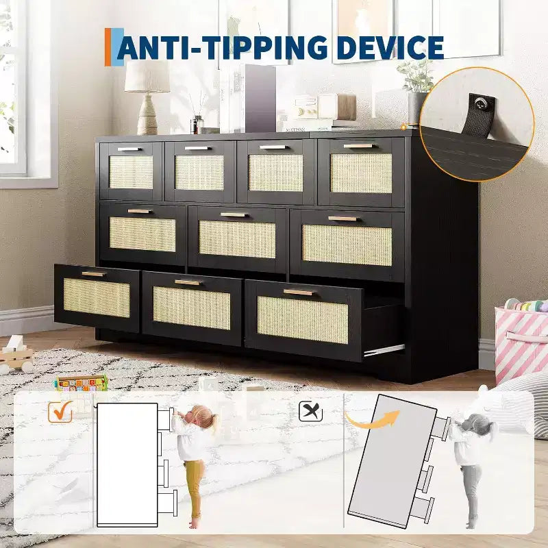 Commode en rotin à 10 tiroirs, commode de ferme moderne de 150 cm de large, organiseur de rangement avec dispositif anti-basculement pour chambre à coucher, salon, entrée, couloir