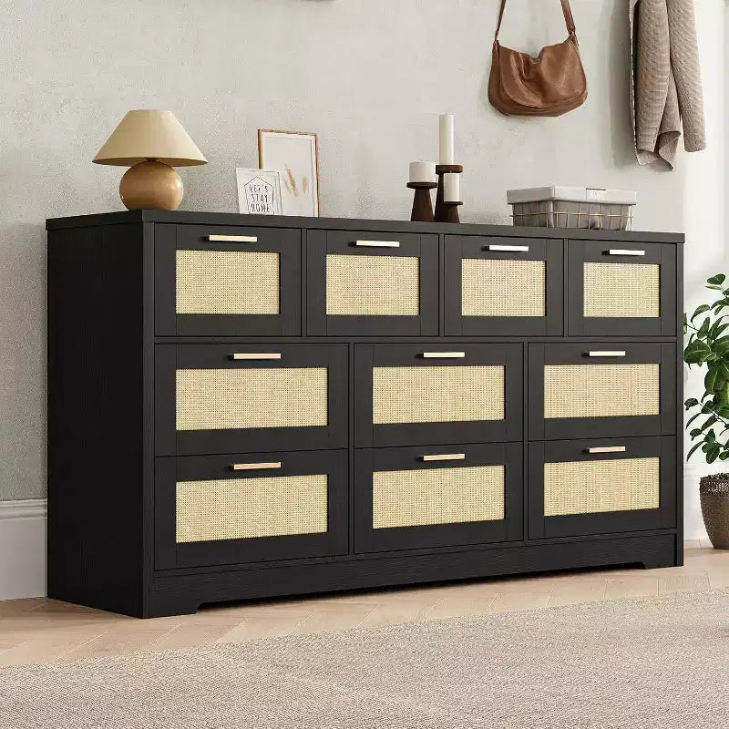 Commode en rotin à 10 tiroirs, commode de ferme moderne de 150 cm de large, organiseur de rangement avec dispositif anti-basculement pour chambre à coucher, salon, entrée, couloir