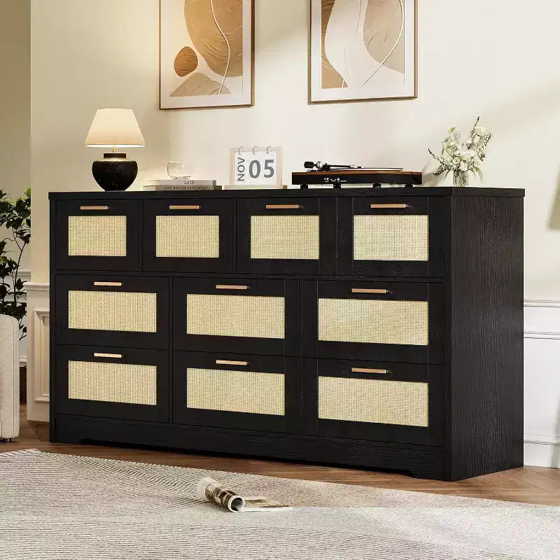 Commode en rotin à 10 tiroirs, commode de ferme moderne de 150 cm de large, organiseur de rangement avec dispositif anti-basculement pour chambre à coucher, salon, entrée, couloir