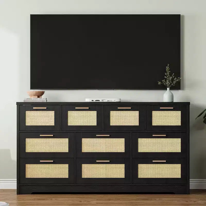 Commode en rotin à 10 tiroirs, commode de ferme moderne de 150 cm de large, organiseur de rangement avec dispositif anti-basculement pour chambre à coucher, salon, entrée, couloir