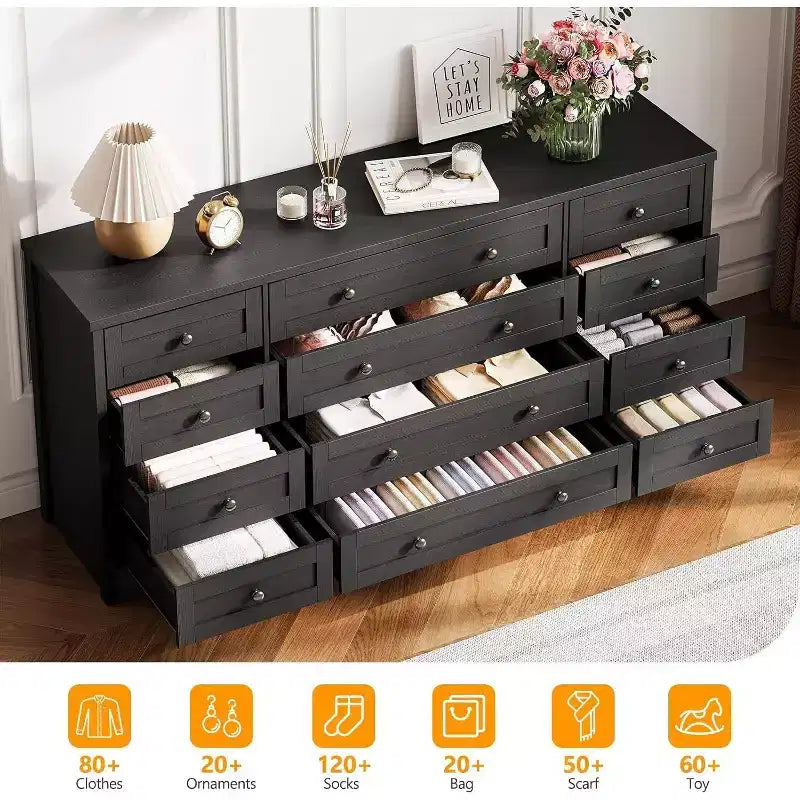 Commode à 12 tiroirs, grande commode moderne pour chambre à coucher, meuble TV pour téléviseur de 65 pouces, meuble de rangement en bois pour salon, couloir