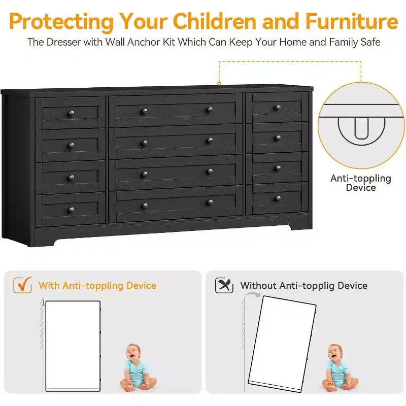 Commode à 12 tiroirs, grande commode moderne pour chambre à coucher, meuble TV pour téléviseur de 65 pouces, meuble de rangement en bois pour salon, couloir