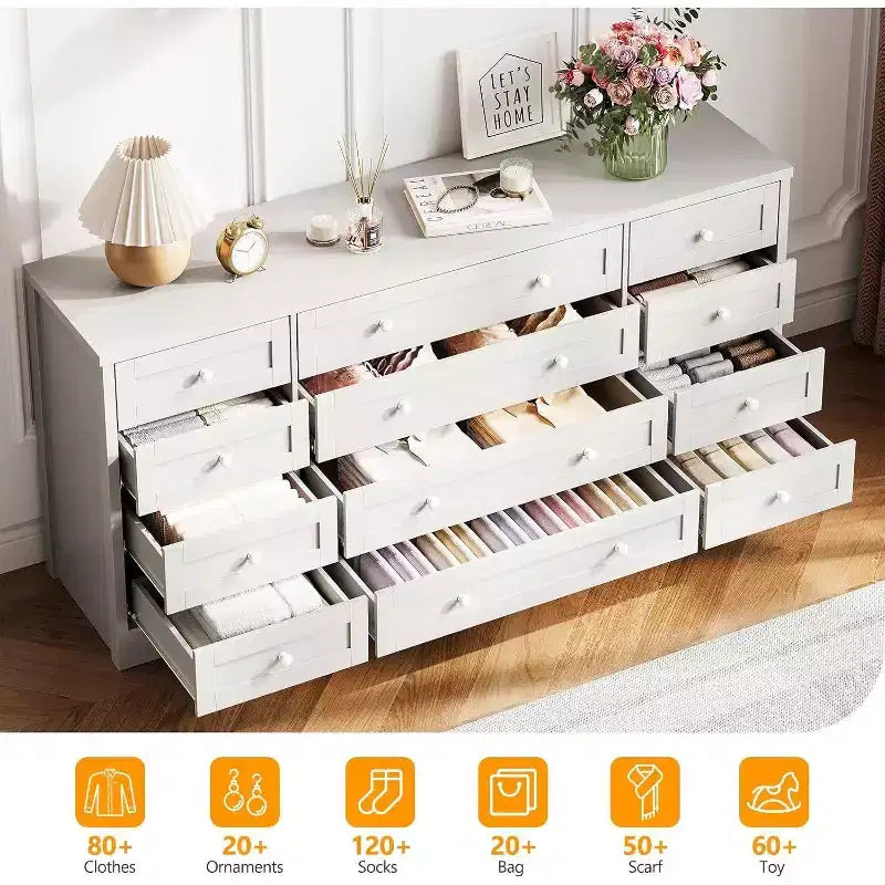 Commode à 12 tiroirs, grande commode moderne pour chambre à coucher, meuble TV pour téléviseur de 65 pouces, meuble de rangement en bois pour salon, couloir
