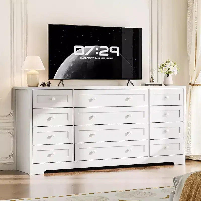 Commode à 12 tiroirs, grande commode moderne pour chambre à coucher, meuble TV pour téléviseur de 65 pouces, meuble de rangement en bois pour salon, couloir