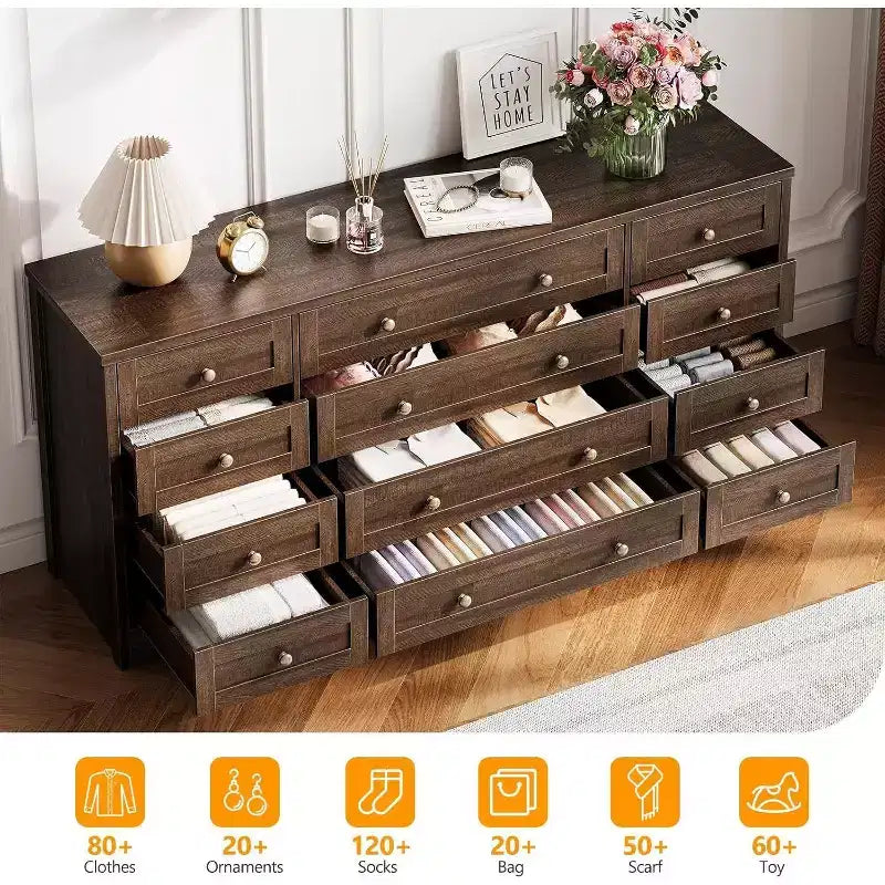 Commode à 12 tiroirs, grande commode moderne pour chambre à coucher, meuble TV pour téléviseur de 65 pouces, meuble de rangement en bois pour salon, couloir