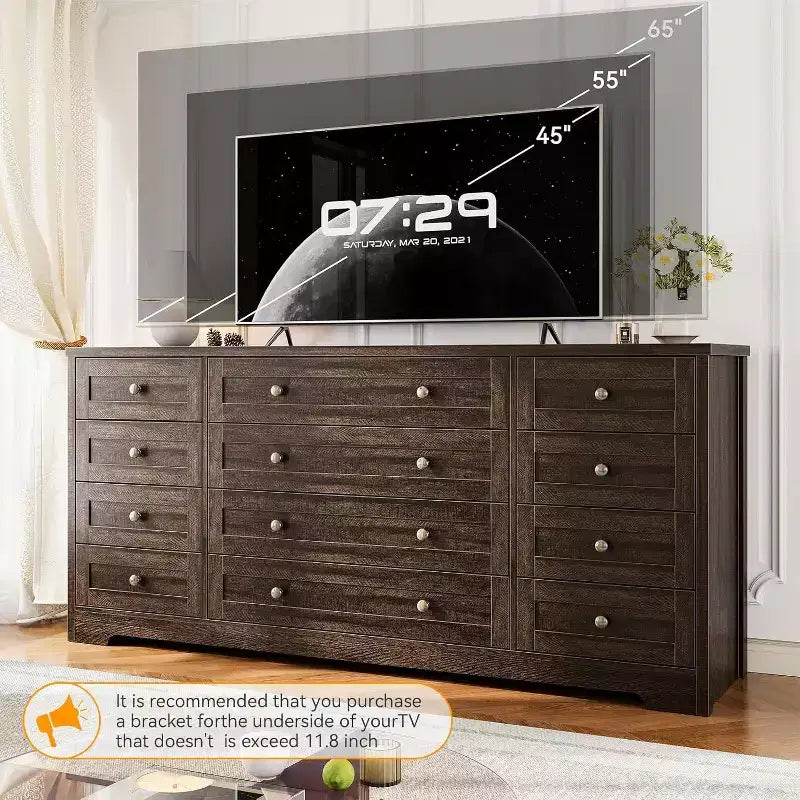 Commode à 12 tiroirs, grande commode moderne pour chambre à coucher, meuble TV pour téléviseur de 65 pouces, meuble de rangement en bois pour salon, couloir