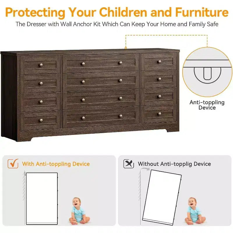 Commode à 12 tiroirs, grande commode moderne pour chambre à coucher, meuble TV pour téléviseur de 65 pouces, meuble de rangement en bois pour salon, couloir