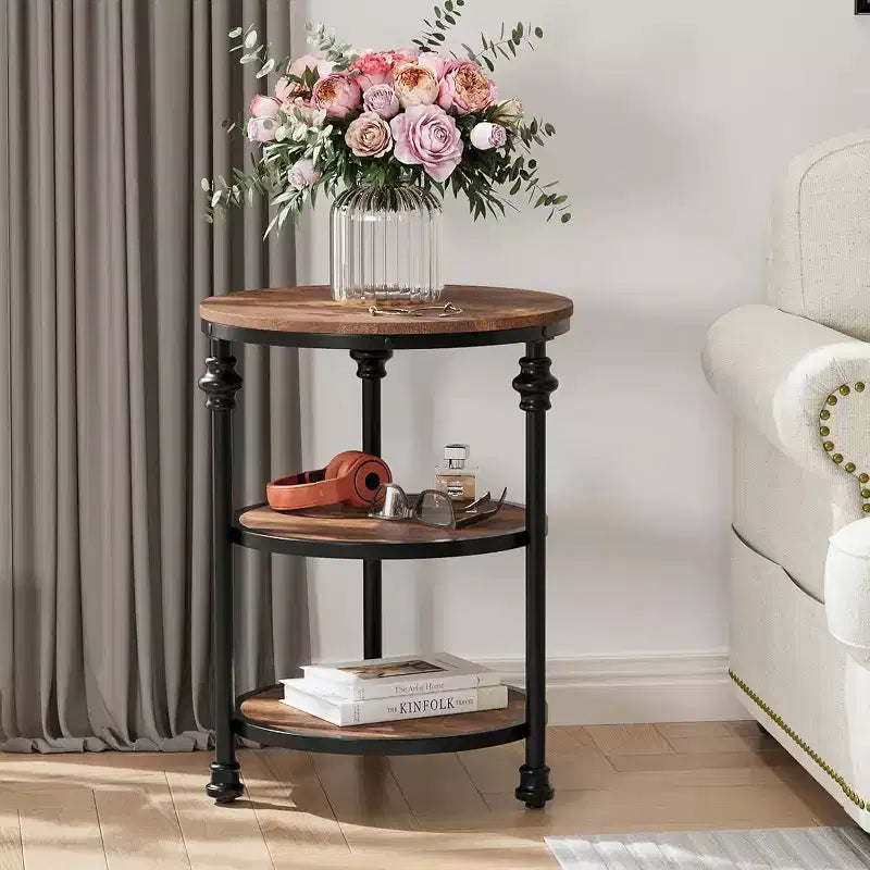Table basse circulaire à trois niveaux, table basse à structure en acier, table d'appoint à colonne romaine, pour salon et chambre à coucher
