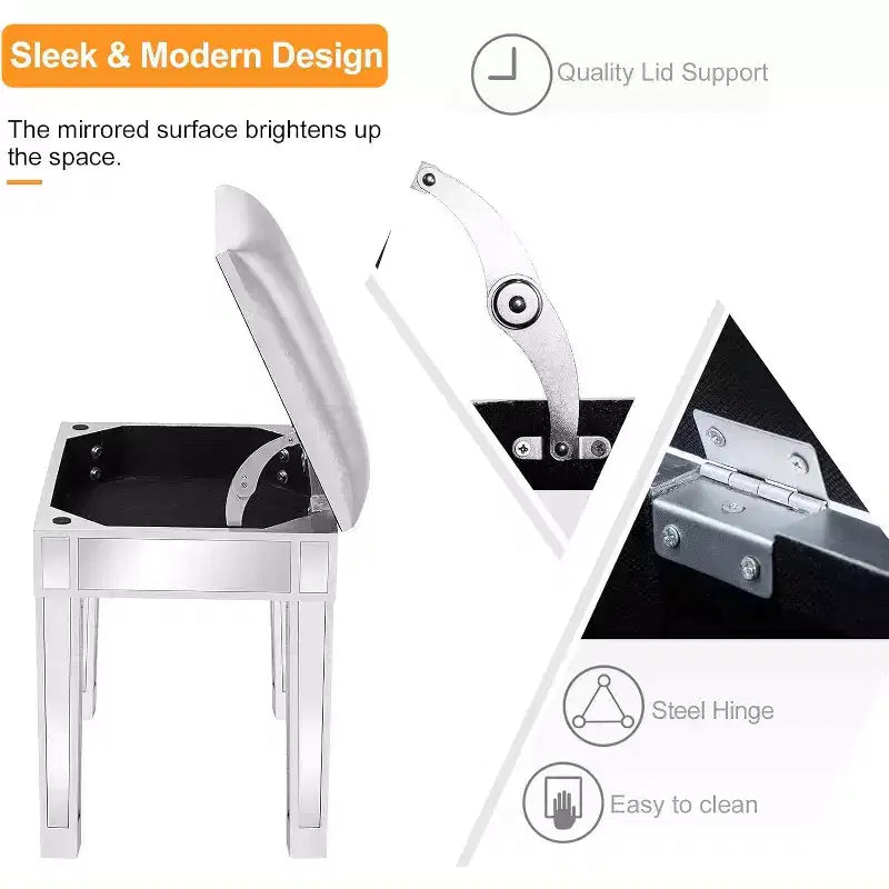 Tabouret de coiffeuse miroir avec rangement, ottoman en similicuir, banc de table de maquillage, argent