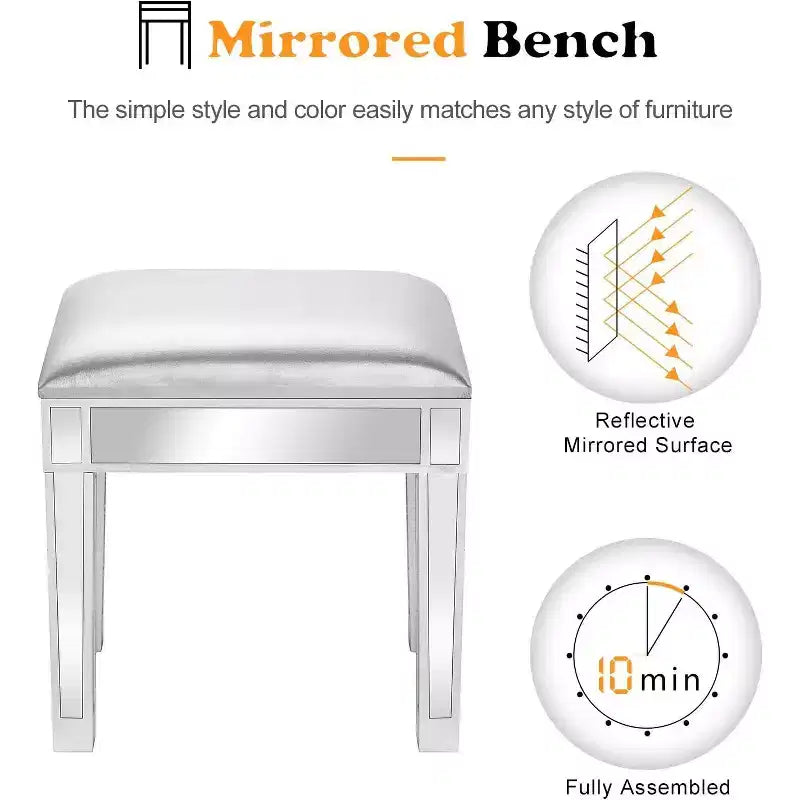 Tabouret de coiffeuse miroir avec rangement, ottoman en similicuir, banc de table de maquillage, argent
