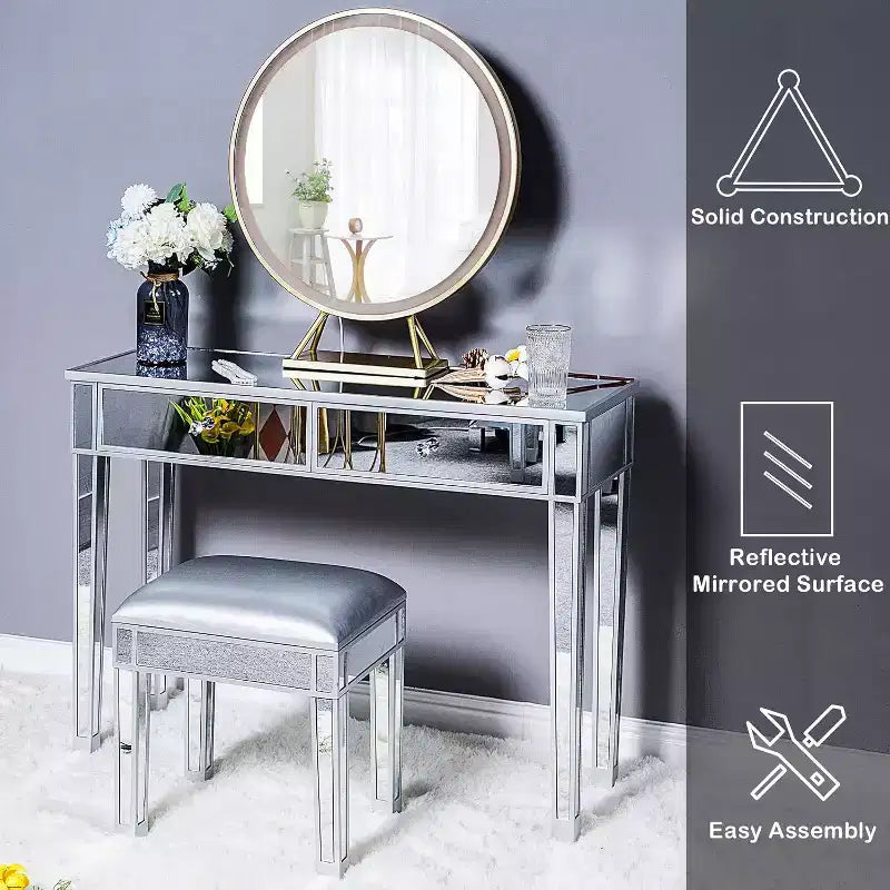 Tabouret de coiffeuse miroir avec rangement, ottoman en similicuir, banc de table de maquillage, argent