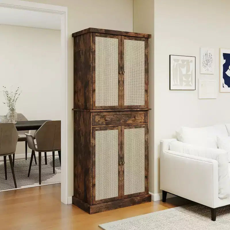 Meuble de Rangement de Cuisine, Armoire Haute avec 4 Étagères Intérieures Réglables et 4 Portes, Buffet Polyvalent pour Salon ou Salle à Manger
