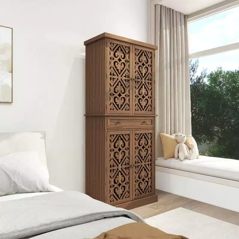 Meuble de Rangement de Cuisine, Armoire Haute avec 4 Étagères Intérieures Réglables et 4 Portes, Buffet Polyvalent pour Salon ou Salle à Manger