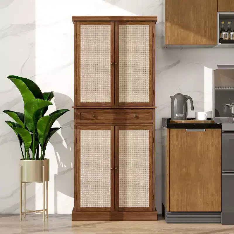 Meuble de Rangement de Cuisine, Armoire Haute avec 4 Étagères Intérieures Réglables et 4 Portes, Buffet Polyvalent pour Salon ou Salle à Manger