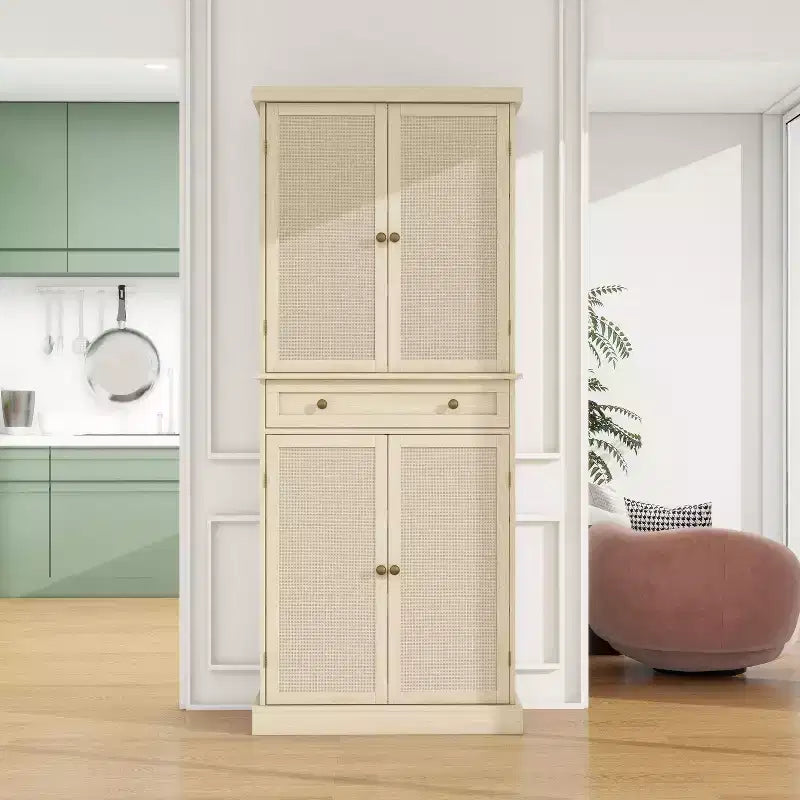 Meuble de Rangement de Cuisine, Armoire Haute avec 4 Étagères Intérieures Réglables et 4 Portes, Buffet Polyvalent pour Salon ou Salle à Manger